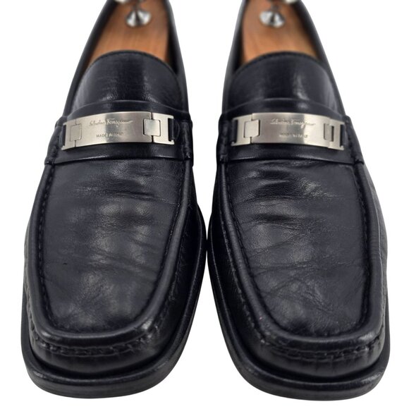 Salvatore Ferragamo Italy Men's 8.5D Black Leather Dress Shoes Logo Bit Loafers - Picture 10 of 11